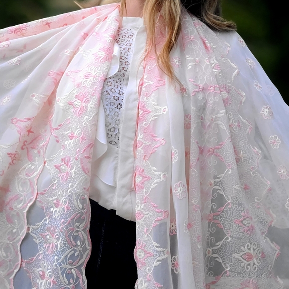 The Charlotte Evening Shawl Embroidered Lace Scarf Wrap Pink White Large Long - Picture 5 of 14